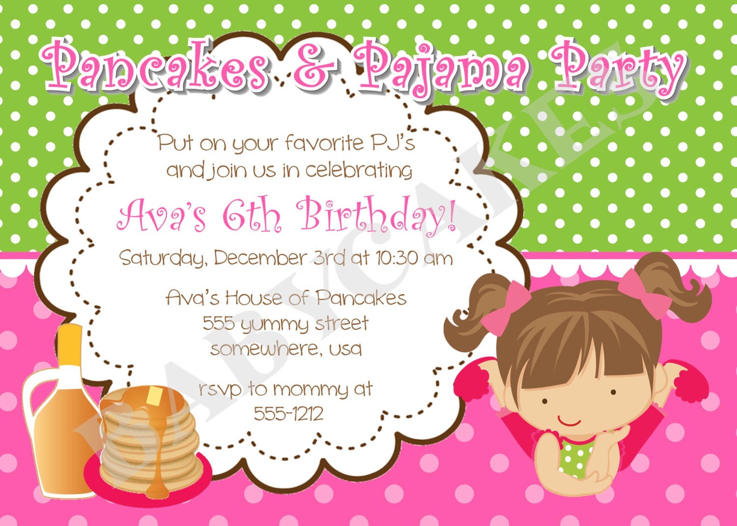 Pancakes and Pajamas Birthday Invitation - DIY Print your own - Choose your girl - Matching party printables available