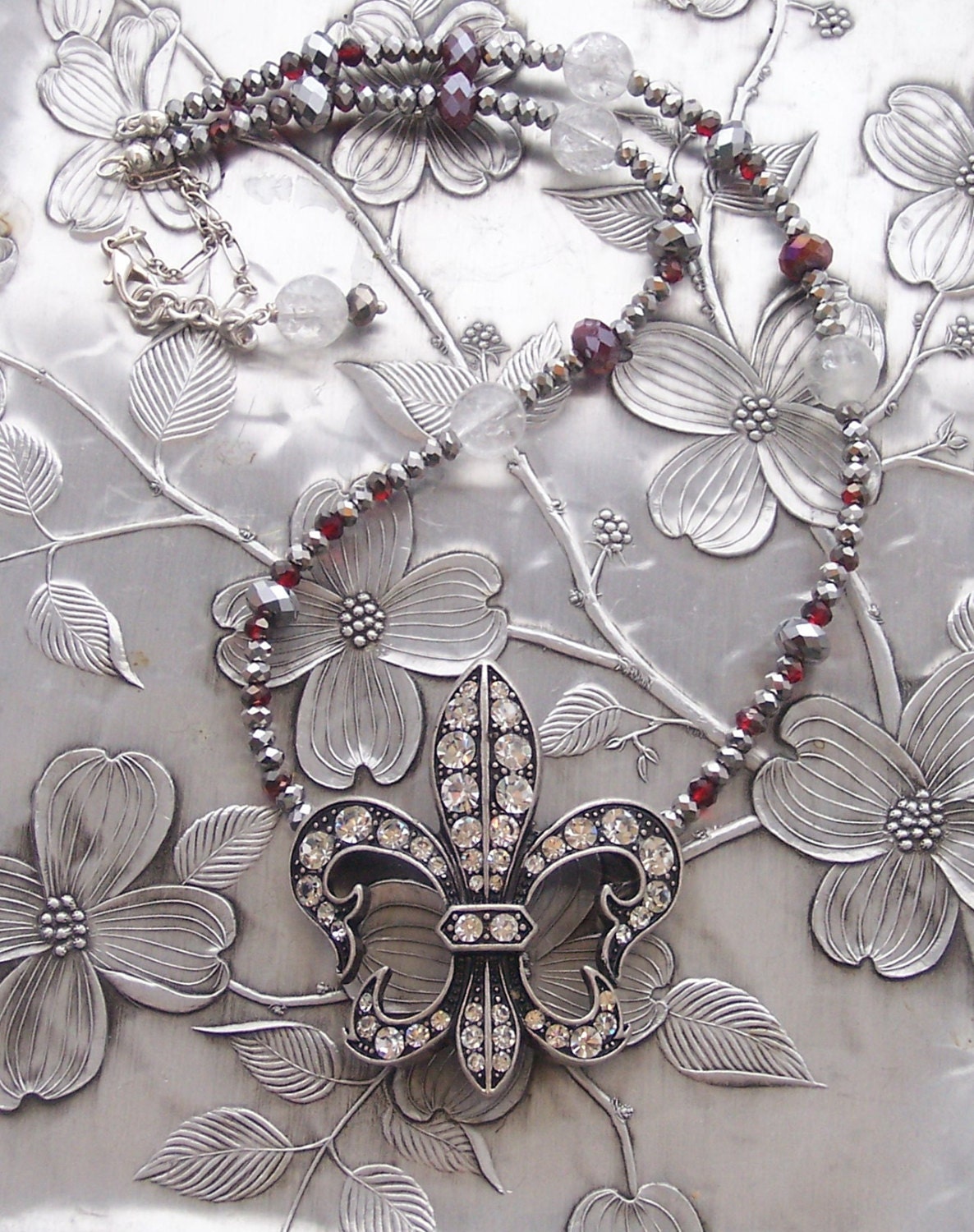 Fleur de Lis Bling Collection - Red and Grey Crystal Necklace - JulietJewelryDesign