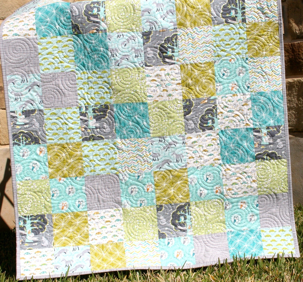 Fox Blanket Modern Boy Quilt Patchwork Les Amis Aqua Forest Woodland Animals