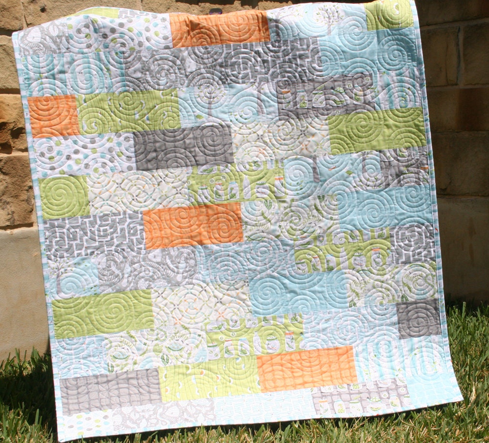 Backyard Baby Boy Quilt Tree Swings Bugs Fun Critters Blue Grey