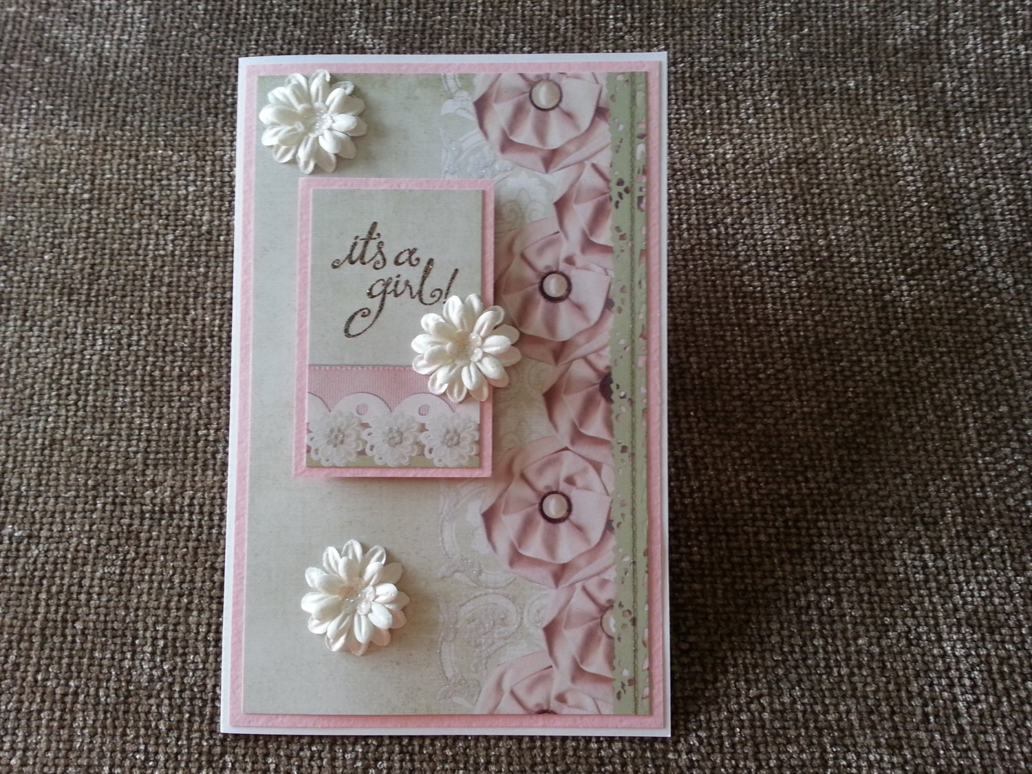 Its a Girl Pink and White Flower Card with Glitter