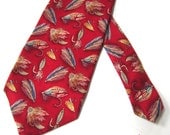 Father's Day // Vintage RED FISHING LURE Tie // Hand Sewn 100% Silk // Fun Patterned Men's Lures Necktie // Red, Navy Blue and Gray