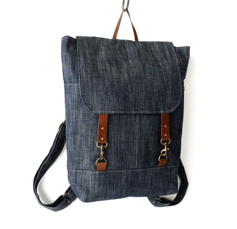 Unisex, Indigo  Denim  Backpack , laptop bag, school bag, diaper bag with leather closure and 2 front pocket, Design by BagyBags
