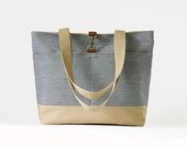 Navy Stripe Denim Tote / Shoulder Bag / school bag / Diaper bag, with 2 Front Pockets, Design byBagyBags