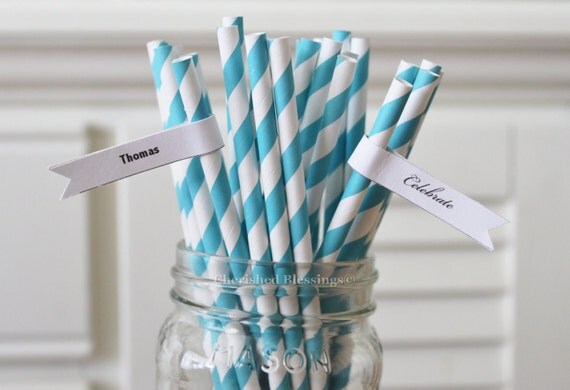 Aqua Paper Straws, Turqupise Paper Straws, 25 Carnival Straws, Wedding Straws, Striped Straws, Baby Shower, Birthday, Kids Straws, w/ Flags Il_570xn