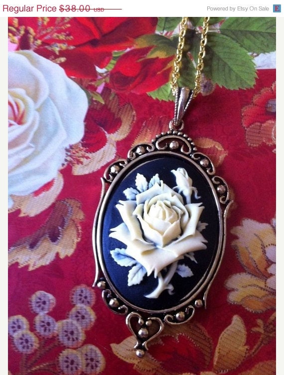 Gothic Victorian Ivory Rose Silhouette Cameo Necklace