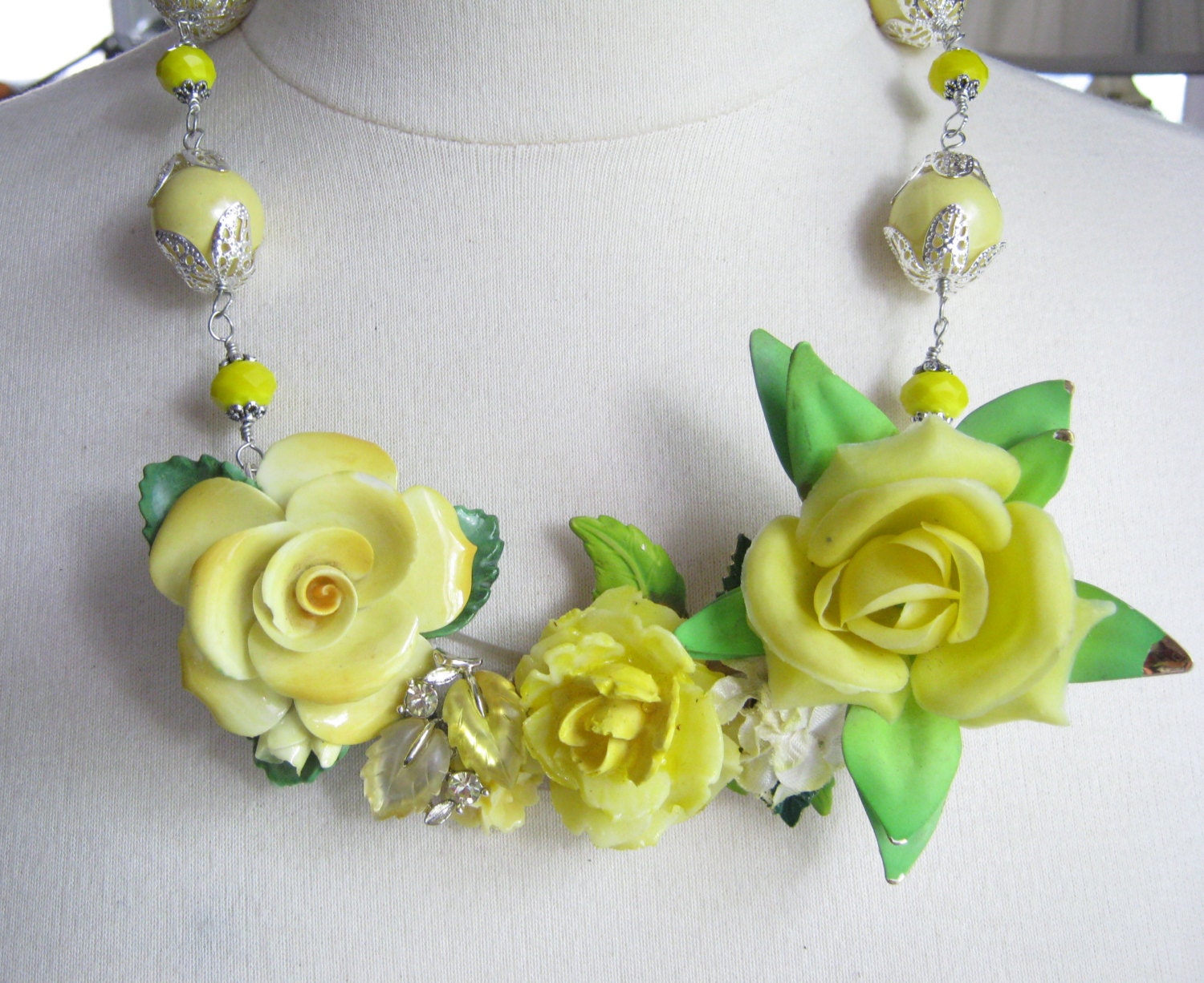 Statement Necklace, Wedding Necklace, Vintage Flower,  Upcycled,  Silver, Yellow, Rose, China, Plastic, Bib, Heirloom, OOAK - Texas Rose
