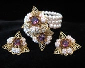 Vintage Faux Pearl and Rhinestone Memory Wrap Bracelet and Earrings Set