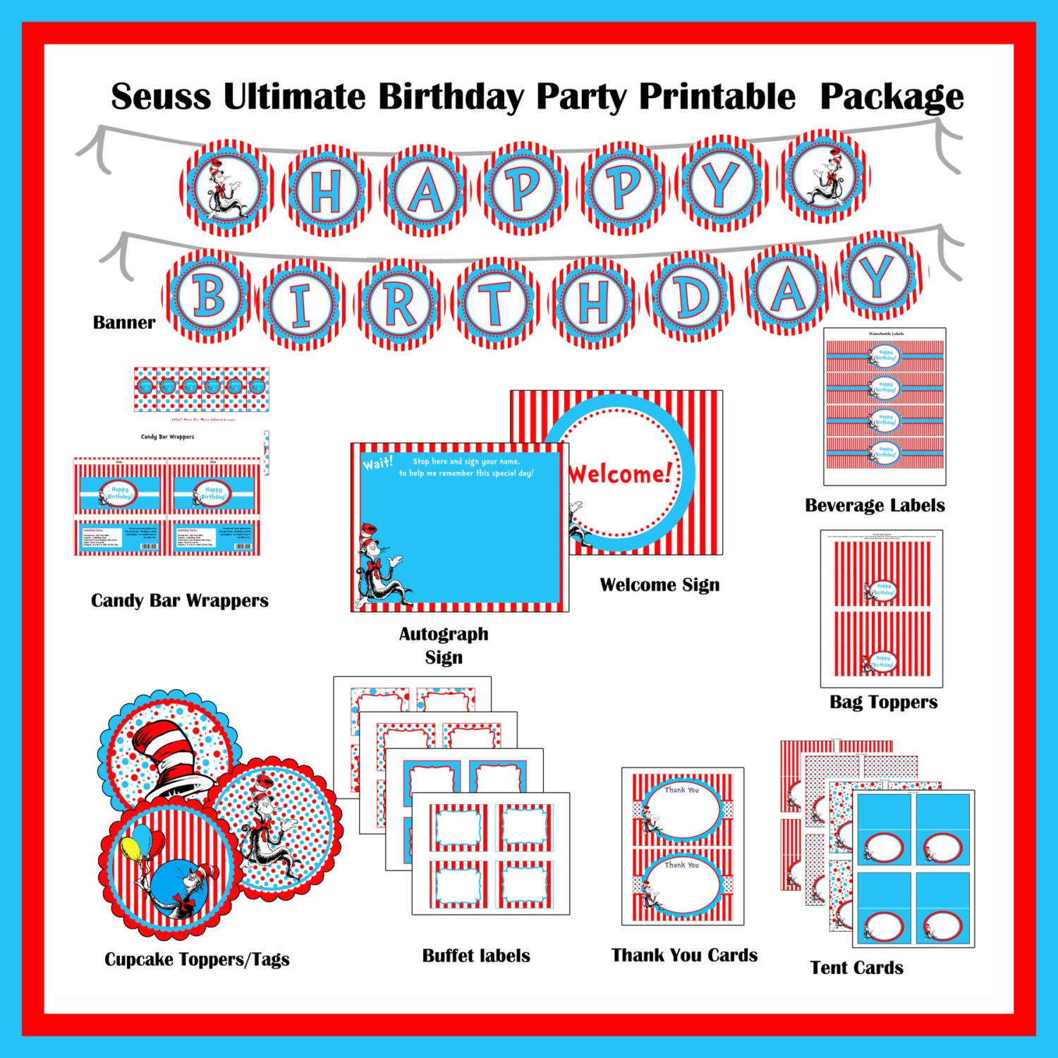 INSTANT DOWNLOAD -50% off - DIY Printable Dr. Seuss Ultimate  Birthday Party Package, No Age - Cat In The Hat, Blue, Red, Yellow