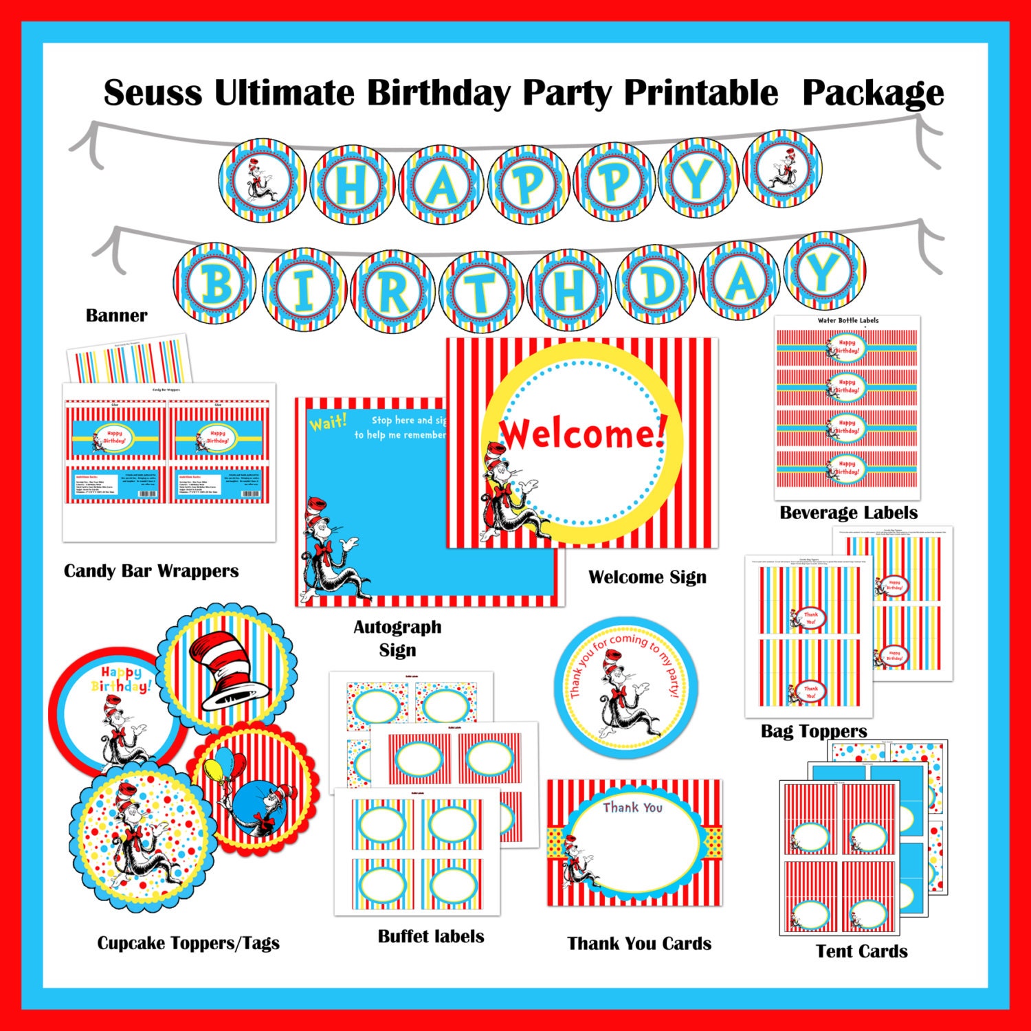 INSTANT DOWNLOAD -50% off - DIY Printable Dr. Seuss Ultimate  Birthday Party Package, No Age - Cat In The Hat, Blue, Red, Yellow