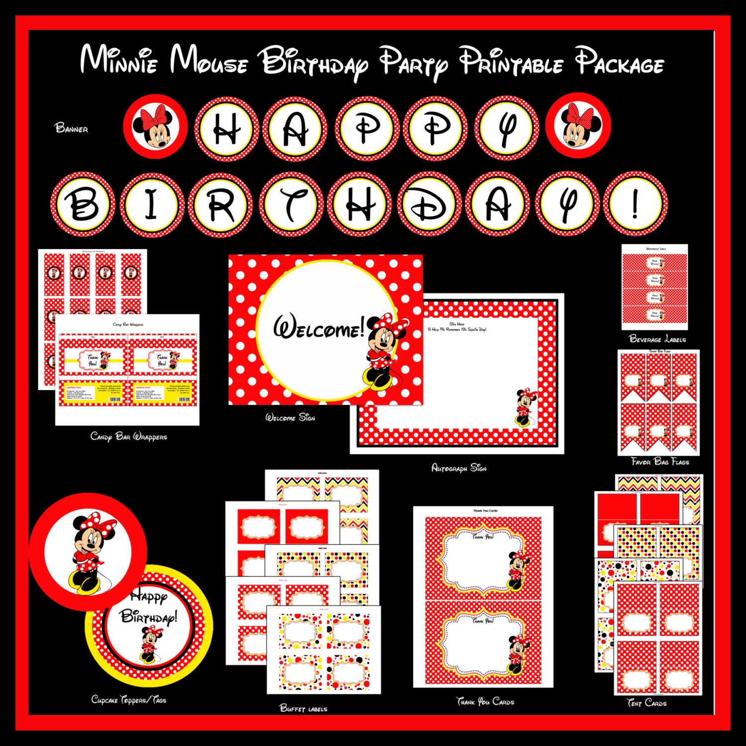 INSTANT DOWNLOAD - 50% off - DIY Printable Minnie Mouse Polka Dots Ultimate Birthday Party Package 2- Red