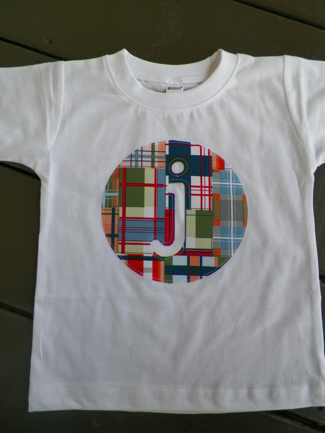 Boys circle monogram letter t-shirt in plaid madras custom made by Baby Harrill