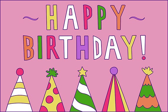 Birthday Card, Pink, Purple, Colorful, Girly, For Girls, Happy Bday Greeting, Blank, Party Hats