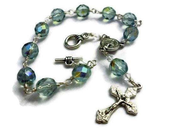 Mint Green Czech Glass Rosary Bracelet Car Rosary Pocket Rosary