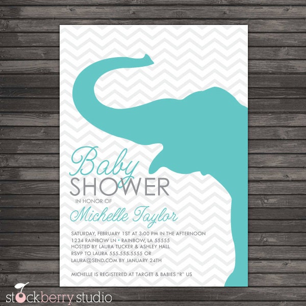 Chevron Aqua and Gray Elephant Baby Shower Printable Invitation Il_570xn