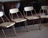 Set of Four Retro Metal Vinyl Folding Chairs - Mid Century Modern - Atomic Era - Card Table Chairs - Off White