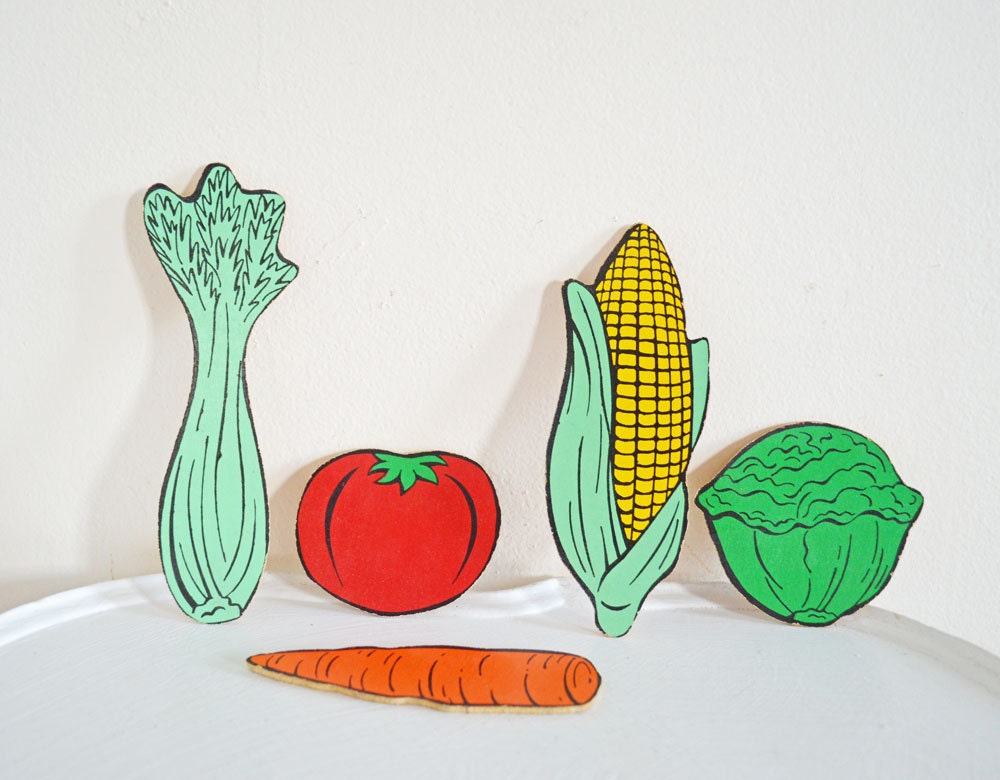 Five Vintage Vegetable Wood Puzzle Pieces Toy Food Mixed Media Assemblage Red Green Yellow Corn Celery Tomato Carrot Cabbage