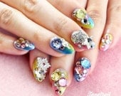 Japanese 3D Nail Art, Colorful Metallic Rainbow Rhinestone Nails, Oval Nails, Press On Nails, False Nails - (T136K)
