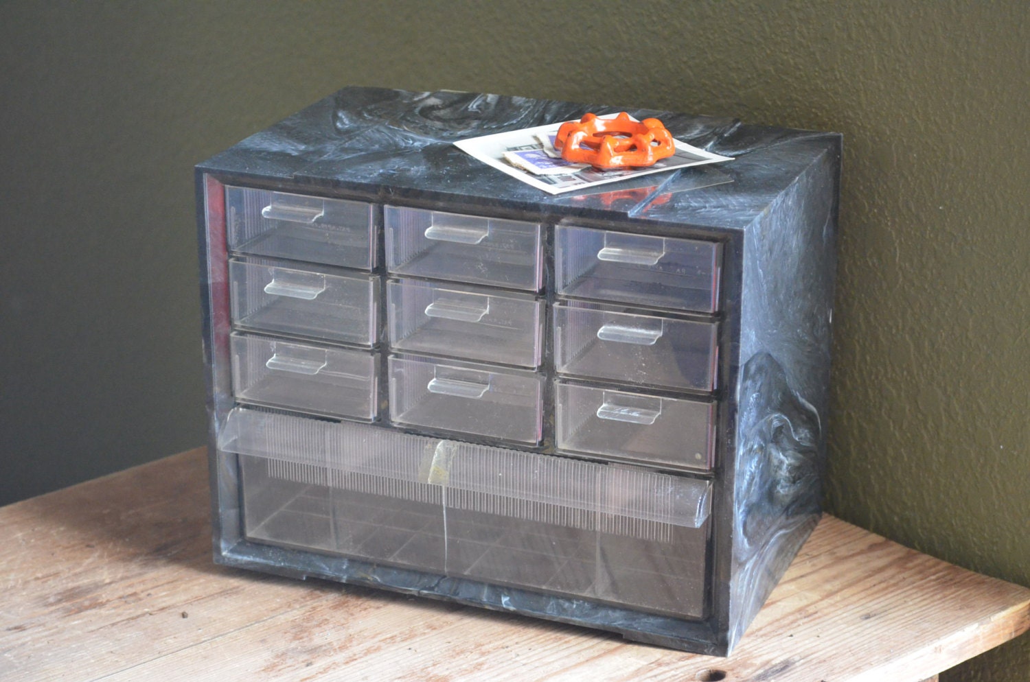 Vintage Storage Box - Multi Drawer Organizer - Black Swirl Plastic - Parts Tools Drawers - Dividers