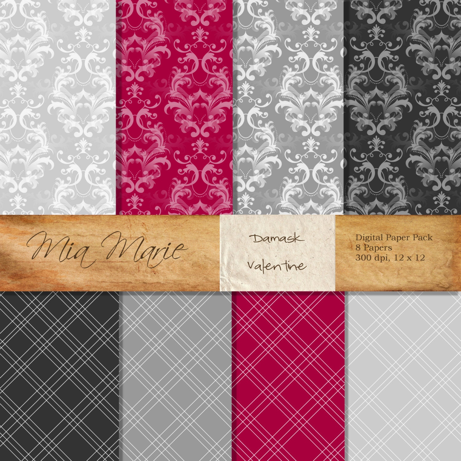 INSTANT DOWNLOAD - Valentine Digital Papers Scrapbooking Backgrounds Grey, Gray, Red, Damask, Linen, Crosshatch, Modern Printable 12x12 jpg