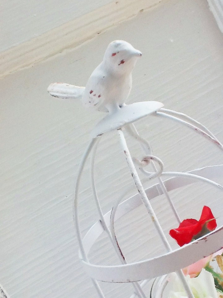 Antique Shabby White Bird Cage-Metal Cage-Votive Holder-Shabby Chic-Rustic Bird Decor-French Decor-Simple