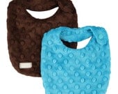 Newborn Baby DROOL Bib SET in Brown & Turquoise Dimple Minky - Perfect NEW baby gift - Free Shipping
