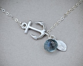 Personalized Sideways Anchor Necklace, SILVER Anchor Jewelry Personalized Initial Disc Gemstone Navy Necklace, Nautical Jewelry