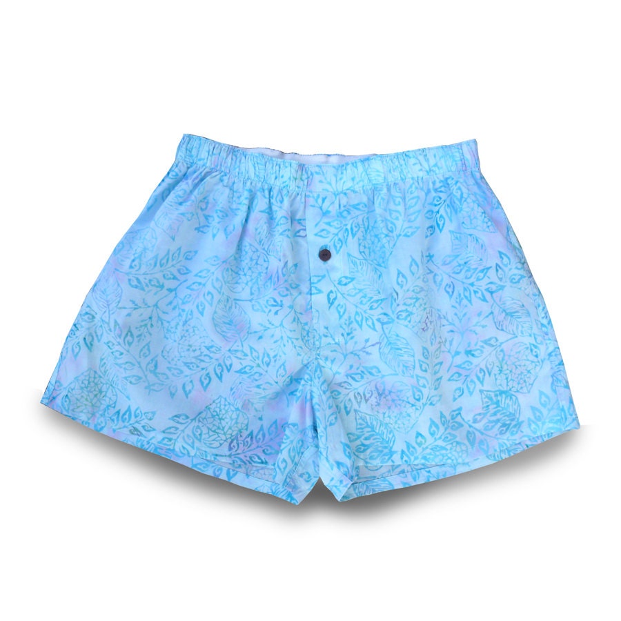 Womens M Cotton Boxer Shorts, soft blue leaf batik fabric handmade (W/BL002)
