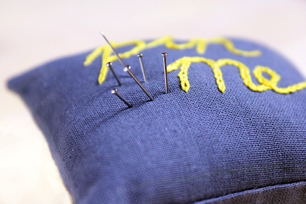 Pin me  handmade embroidered grey and yellow pincushion