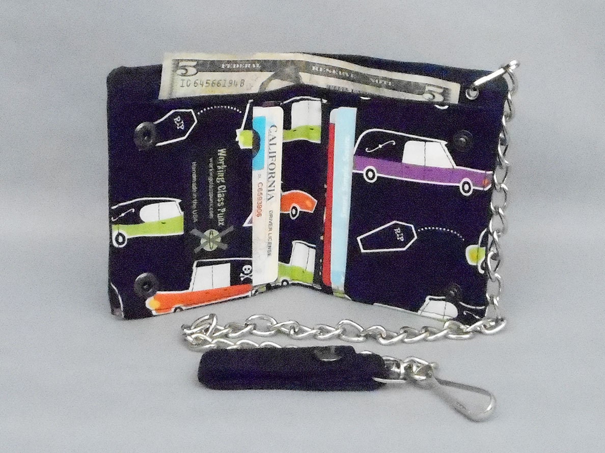 Vegan Chain Wallet Hearse and Coffins Black Canvas