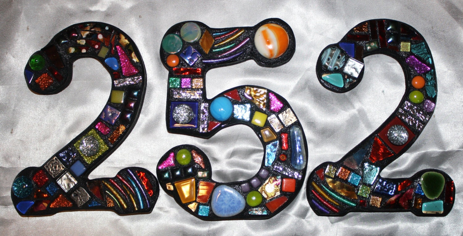 Custom Made Stained Glass / Mixed Media Mosaic House Numbers - Wild & Funky Colors and Shapes