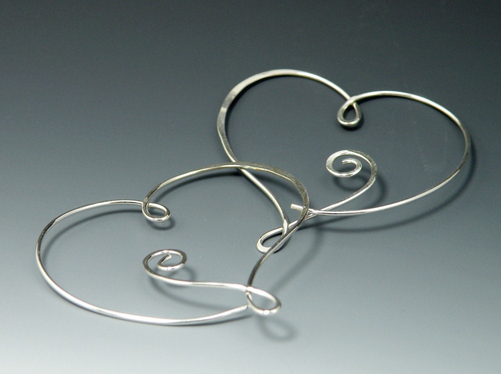 Sterling Heart Shaped Hoop Earrings - Hammered, Spiral
