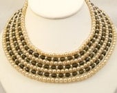 SALE Vintage 1960s Collar Necklace Multi Strand Glass Pearls Beads Gray Ivory