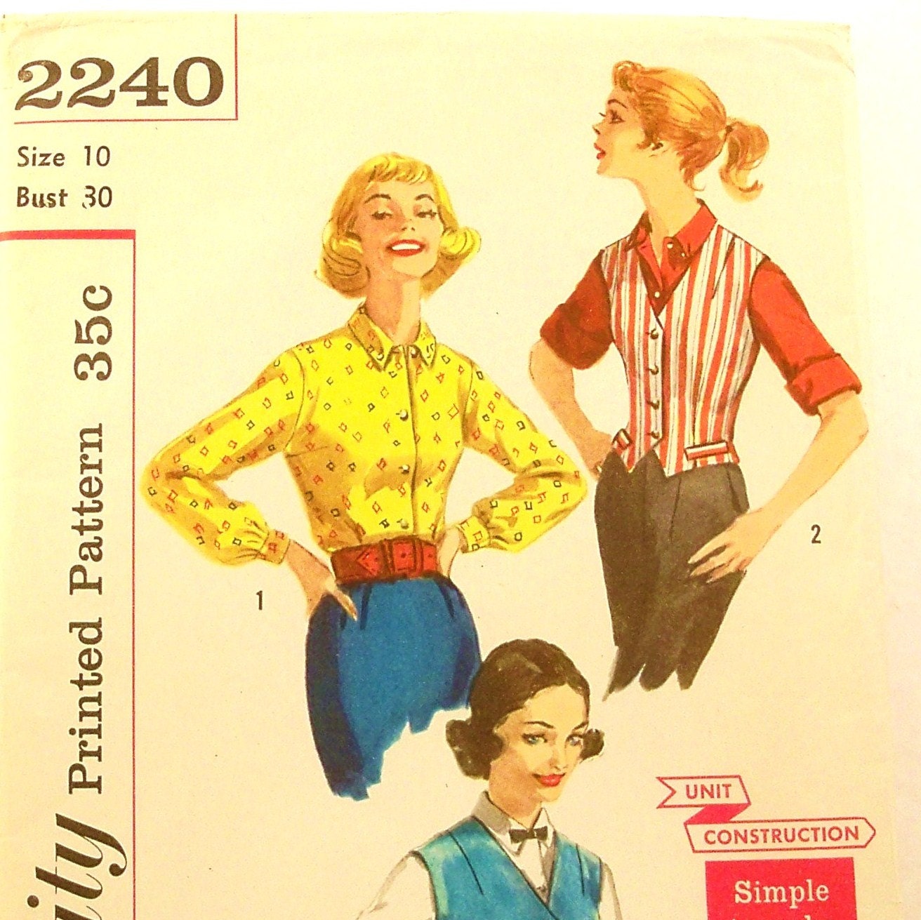 Vintage 1950s Blouse Pattern Vest Uncut Size 10 Bust 30 Simplicity 2240