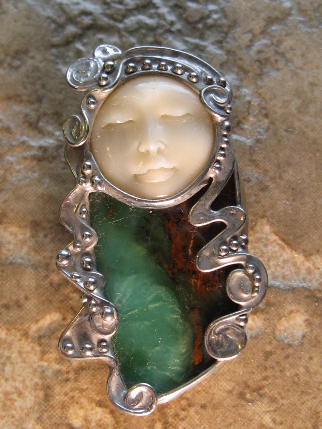 Gypsy Pendant/Pin - Carved Bone Face & Chrysoprase