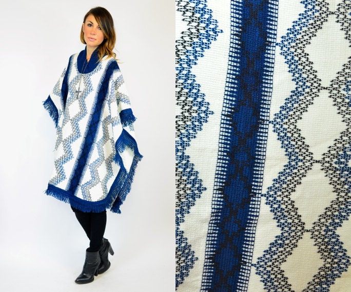 indian ethnic SANTA FE cable knit zig zag FRINGED poncho sweater coat, one size fits all