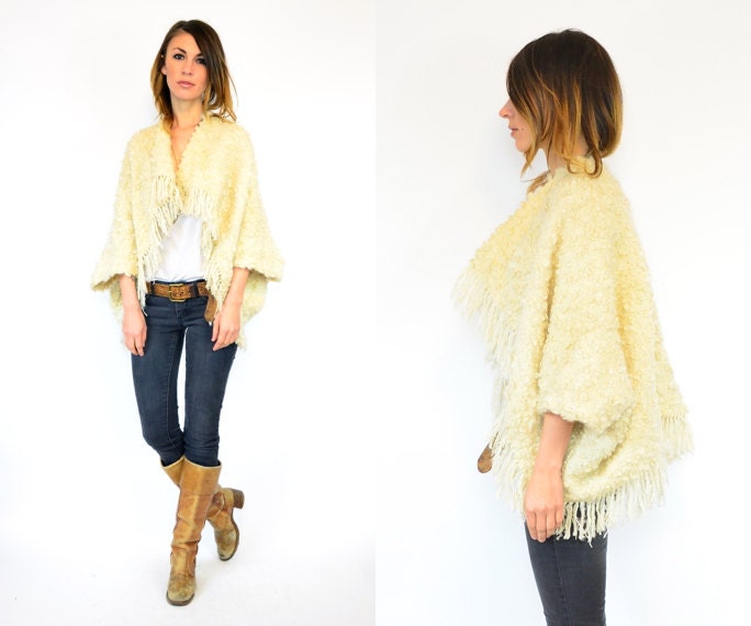 eggshell BOHEMIAN fringed nubby BOUCLE draped sweater CARDIGAN, extra small-small