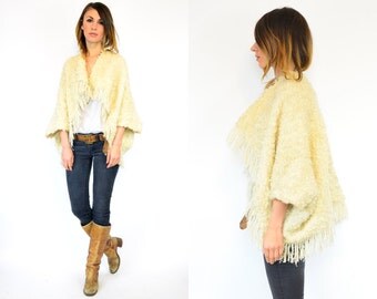 eggshell BOHEMIAN fringed nubby BOUCLE draped sweater CARDIGAN, extra small-small