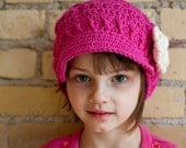5/Tween or Teen/Adult Apple Cap Newsboy crocheted hat in Hot Rose Pink with an ivory flower, gray button center