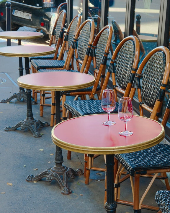 Paris Photography - Invitation - French street scene - Fine art travel photography - cafe tables, chairs, wine glasses - red, black, teak