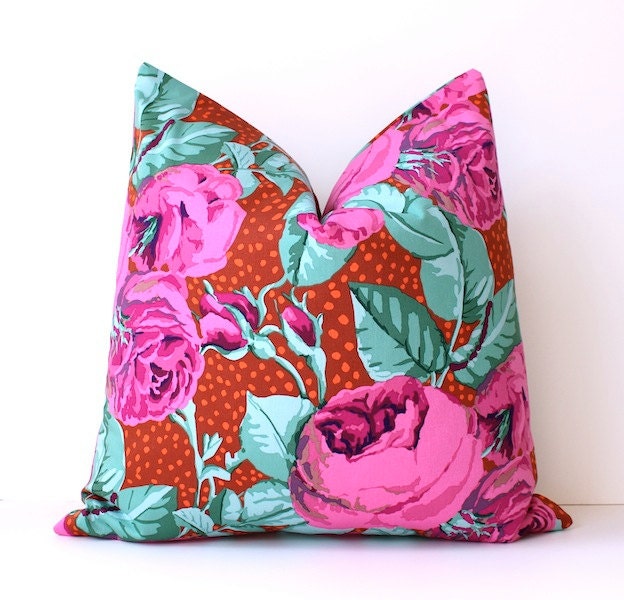 Pink and Aqua Floral Designer Pillow Cover 18 Accent Cushion garden flowers blooms bright bold magenta mint polka dots orange rust spring