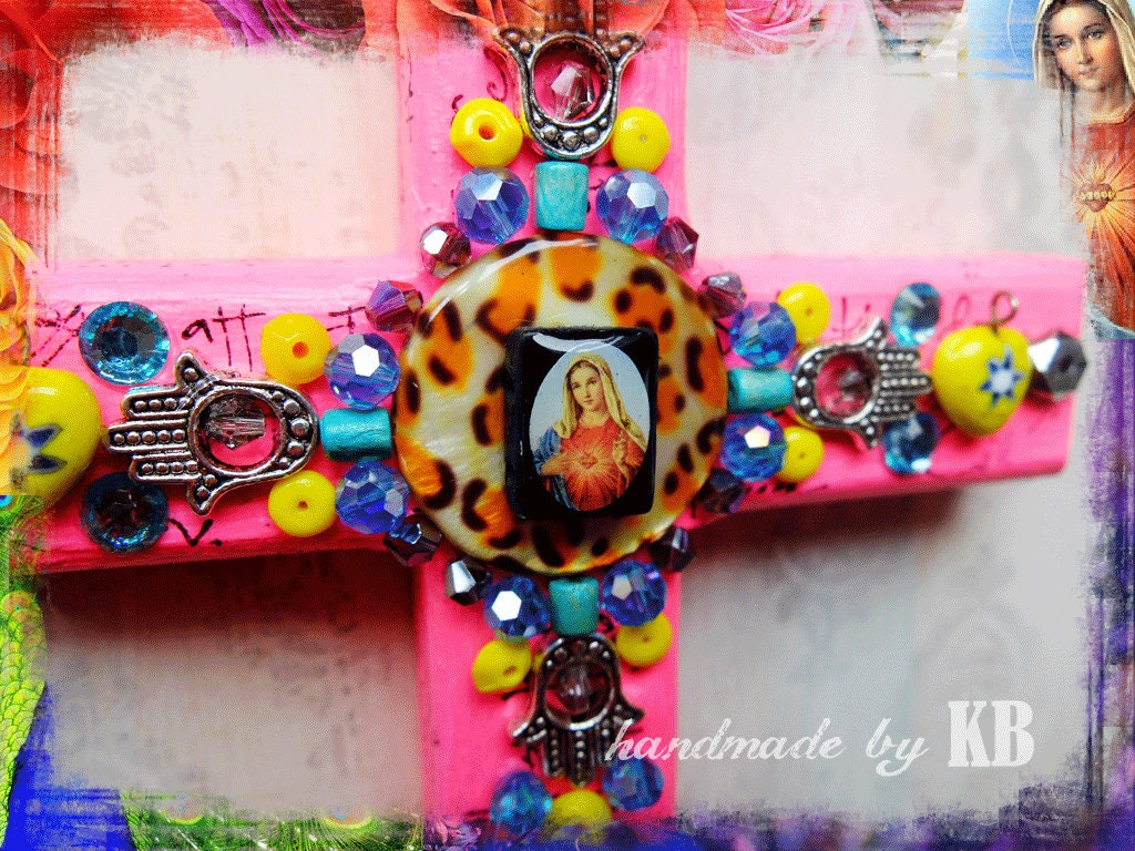 Wall Crucifix - Virgin Mary Cross - Mixed Media Original Spiritual Art