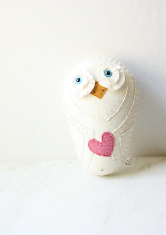 Felt Animal Snow Owl Plush Toy With Pink Heart, Nursery Decor