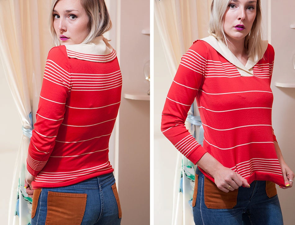 vintage 70's red and white striped sailor long sleeved top women's polyester