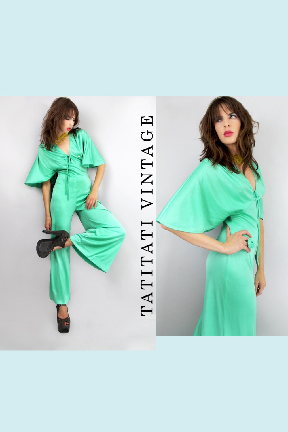 70s DISCO Foam Green CAPE Sleeves Palazzo Jumpsuit  // Vintage Clothes by TatiTati Vintage on Etsy