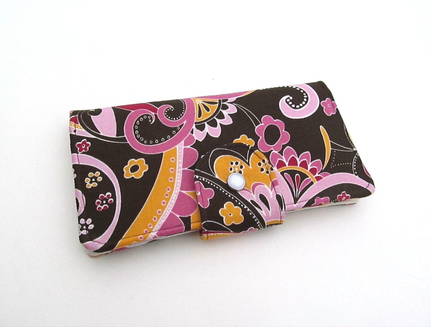 Long Clutch Wallet- Brown Pink Mustard Paisley Floral