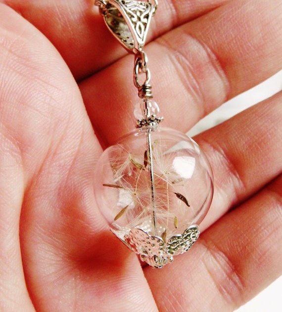 Real Dandelion Seed Glass Orb Necklace In Silver Small Orb