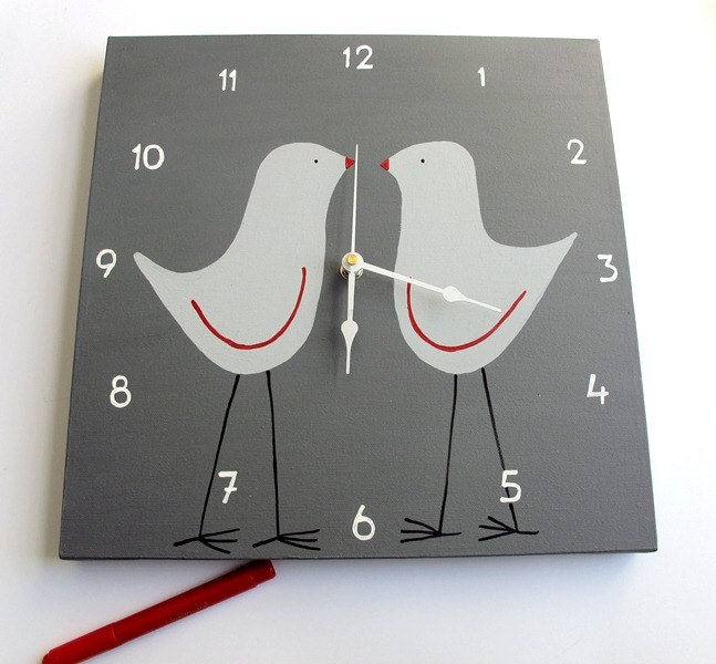 Clock - Two grey and red love birds - Grey clock for nursery/ kids room/ kitchen clock - Hand painted on canvas, valentine's gift