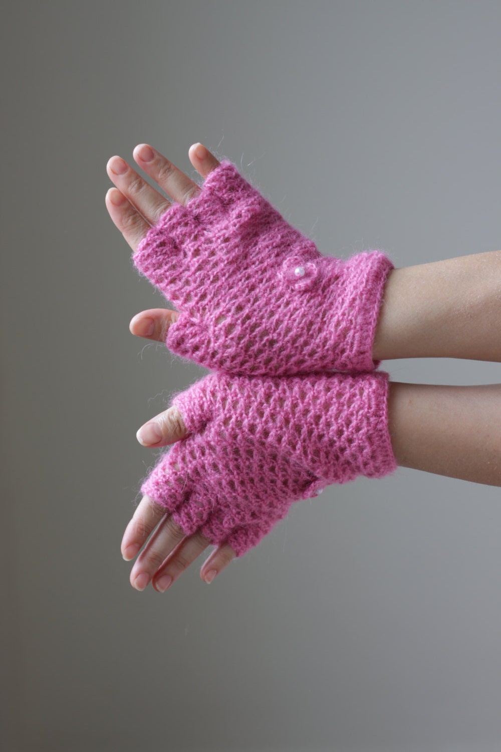 Women gloves, Fingerless mittens, crocheted, rose pink gloves
