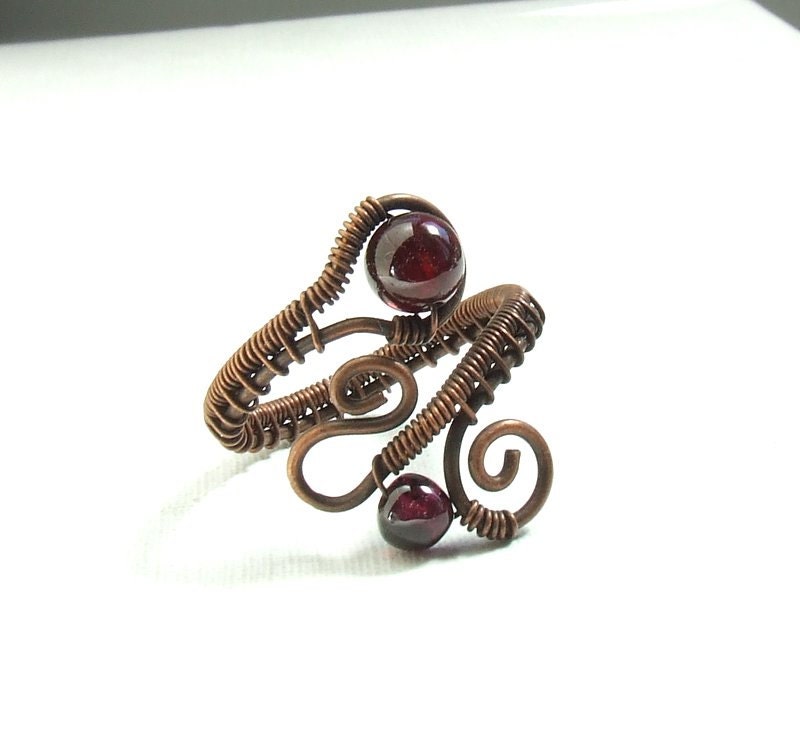 Garnet ring, copper ring, adjustable ring, handmade antiqued wire wrapped jewelry, january birthstone